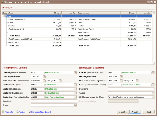 Cambio Esercizio - Riepilogo e opzioni per la generazione delle registrazioni