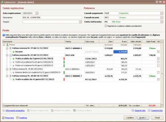 Saldaconto - Pagamento / incasso scadenze