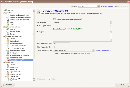 Integrazione con Fattura No Problem - Anagrafica azienda