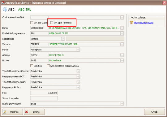 Split Payment - Dati cliente