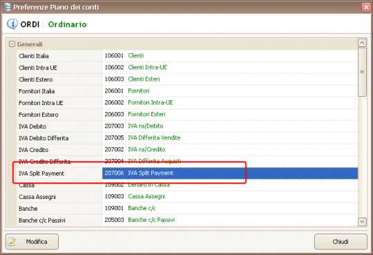 Split Payment - Preferenze Piano dei Conti