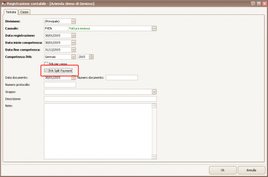 Split Payment - Registrazione manuale di Prima Nota