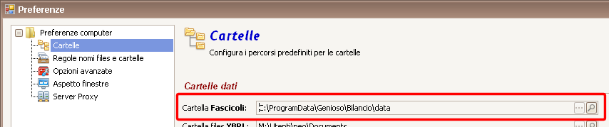 Sezione Cartelle delle preferenze di Genioso Bilancio